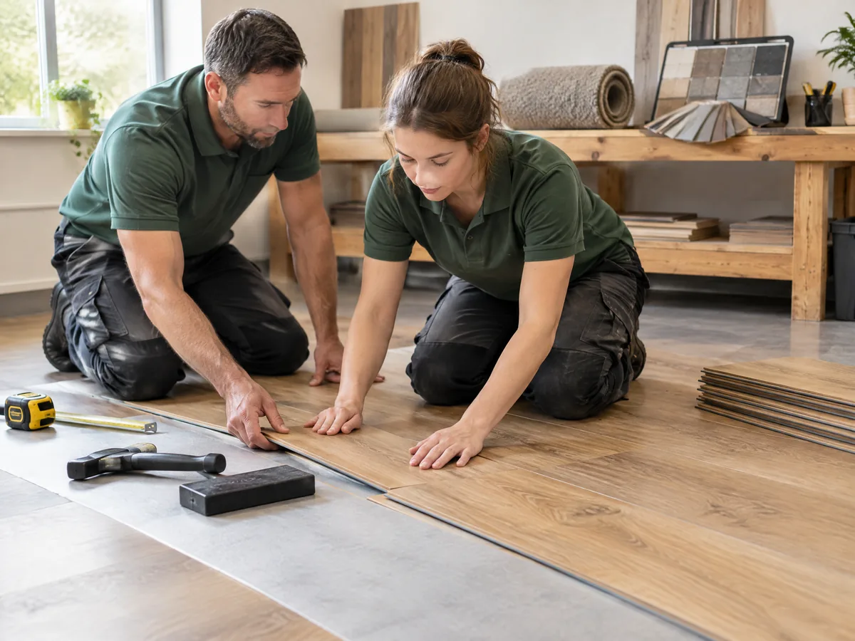 Illustration of a trainer guiding a learner through fitting flooring planks in a workshop